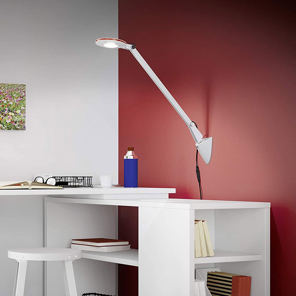 81,95 € Free Shipping | Desk lamp Trio 5W 3000K Warm light. 53×38 cm. Articulable. Table fastening with clip Metal casting. White Color