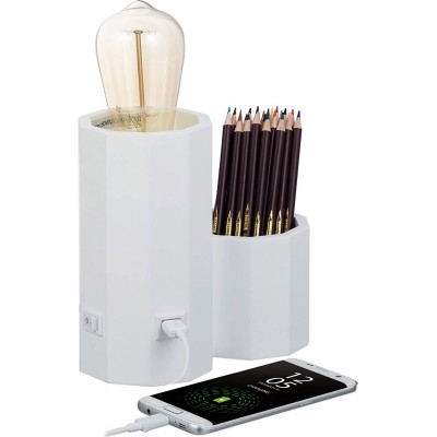 Lâmpada de mesa 60W 19×19 cm. Conexão USB e porta-lápis Madeira. Cor branco