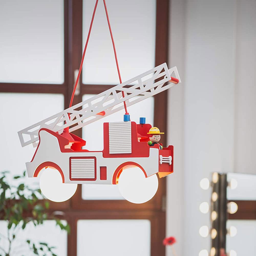 119,95 € Envío gratis | Lámpara infantil 40W 44×18 cm. Diseño de camión de bomberos Madera. Color rojo