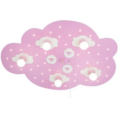 Lámpara infantil 40W 75×50 cm. 5 focos LED. Diseño de nubes Salón, comedor y vestíbulo. Metal y Madera. Color rosa