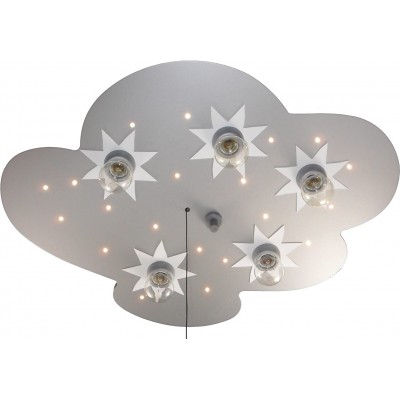 Lámpara infantil 40W 2700K Luz muy cálida. Ø 4 cm. 5 puntos de luz LED. Diseño en forma de nube con dibujos de estrellas Comedor, dormitorio y vestíbulo. Metal y Madera. Color plata