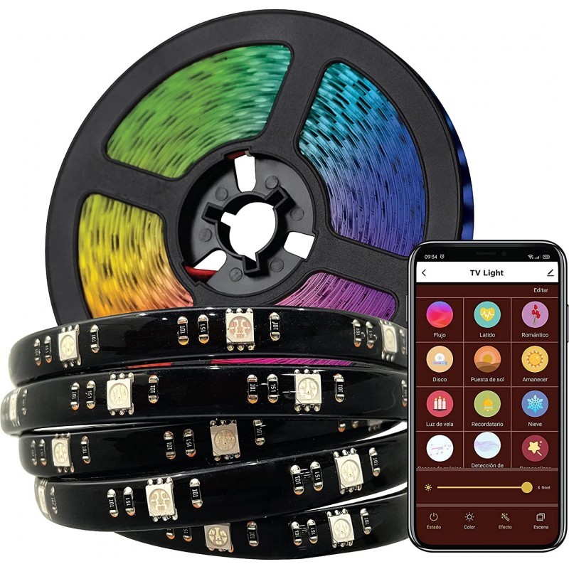 73,95 € Free Shipping | LED strip and hose LED Extended Shape 300 cm. 3 meters. Multicolor RGB LED Strip Coil-Reel. USB connection. Ambient and sound sensor Terrace, garden and public space. Modern Style. PMMA. Black Color