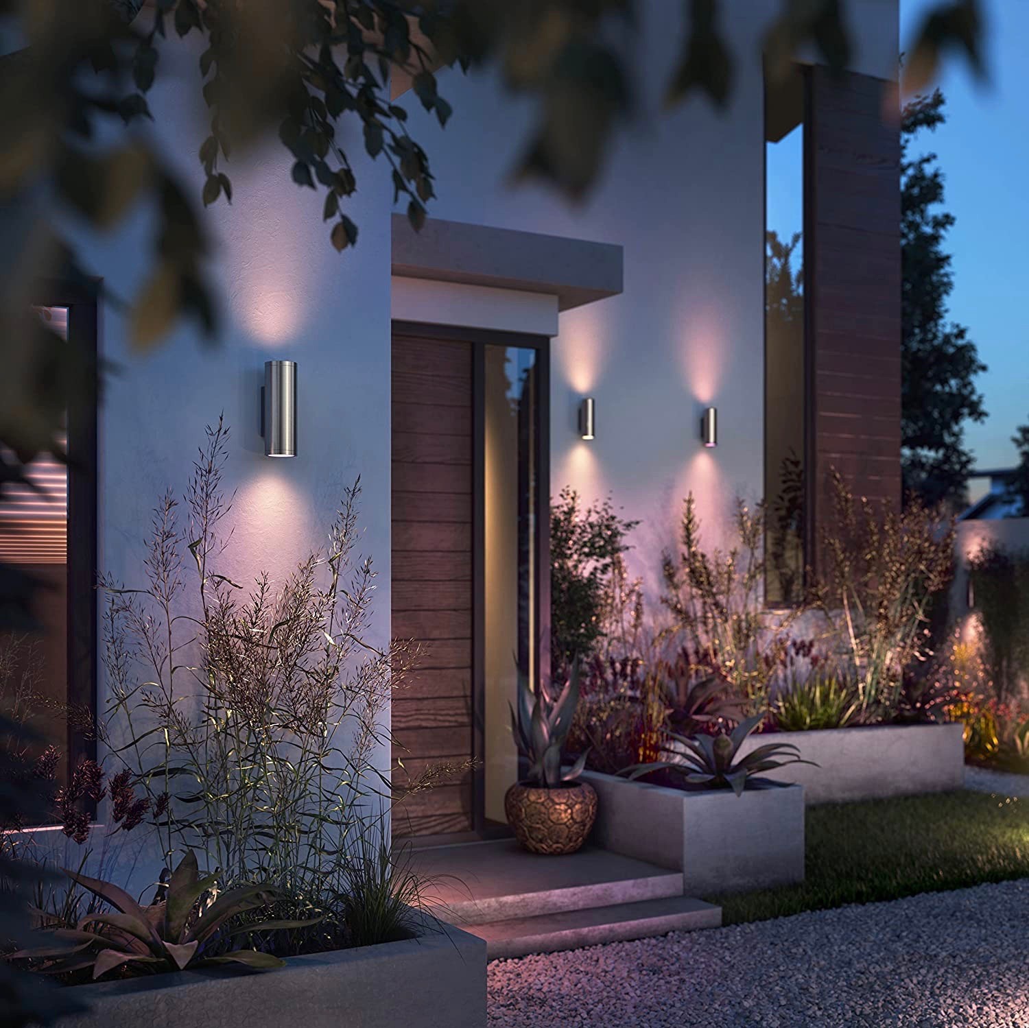 226,95 € Envio grátis | Aplique de parede ao ar livre Philips 24×12 cm. LED bidirecionais. RGB multicor. Alexa e Google Home Aço inoxidável e alumínio. Cor cinza